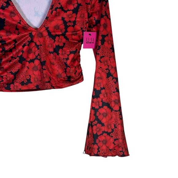 NWT Crop Top Maxi Skirt Matching Set Womens S Red Black Floral Bell Sleeve Indie - Picture 7 of 8